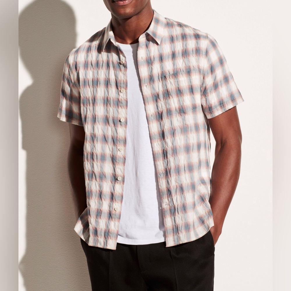 Vince Shadow Plaid Short Sleeve Shirt in Off White/Palisades Blue